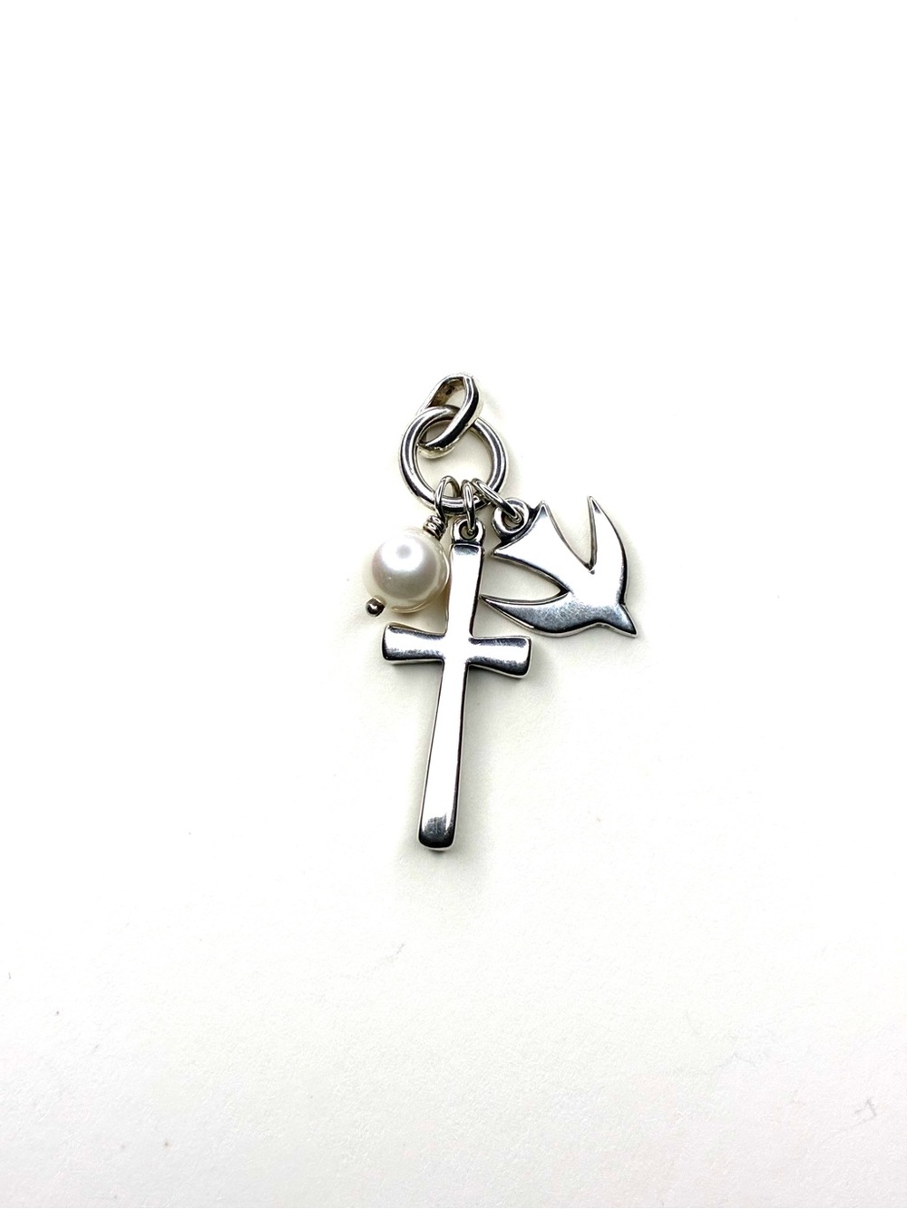 Silver Cross and Dove Charm with Pearl Accent